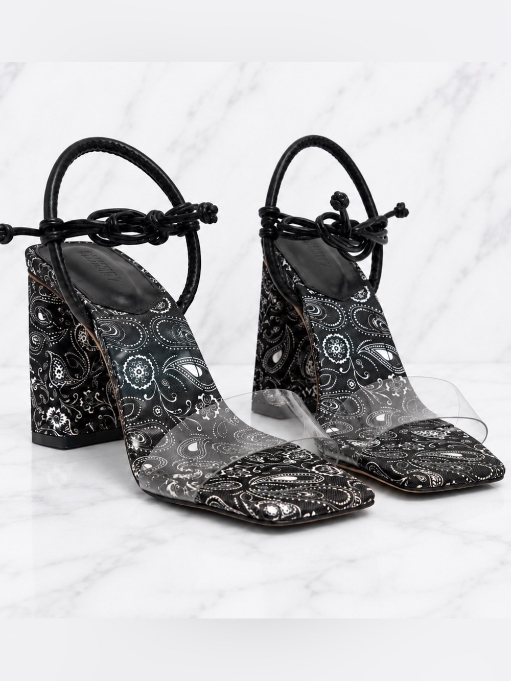 SCHUTZ Mayla Paisley Clear Strap Block Heel Sandals